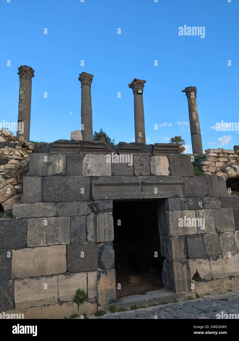 Reise nach Jordanien. Kulturelle und natürliche Seite von Umm Qais und die Ruinen des alten Gadara. Ancient Roman city.in der äußerste Nordwesten des Landes Stockfoto