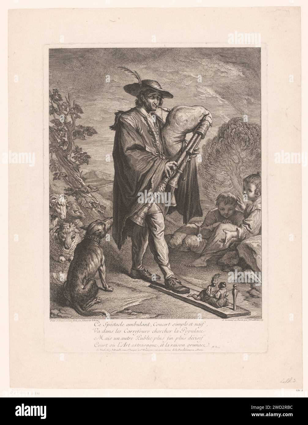 Musette-Spieler mit Puppenspiel, Jacques Dumont, 1739 Druckerei-Hersteller: Franzeprint-Hersteller: Franzepublisher: Paris Papierätzung / Gravur Dudelsack, Musette. Eine Person spielt Blasinstrument. Marionetten- und Marionettenshow Stockfoto