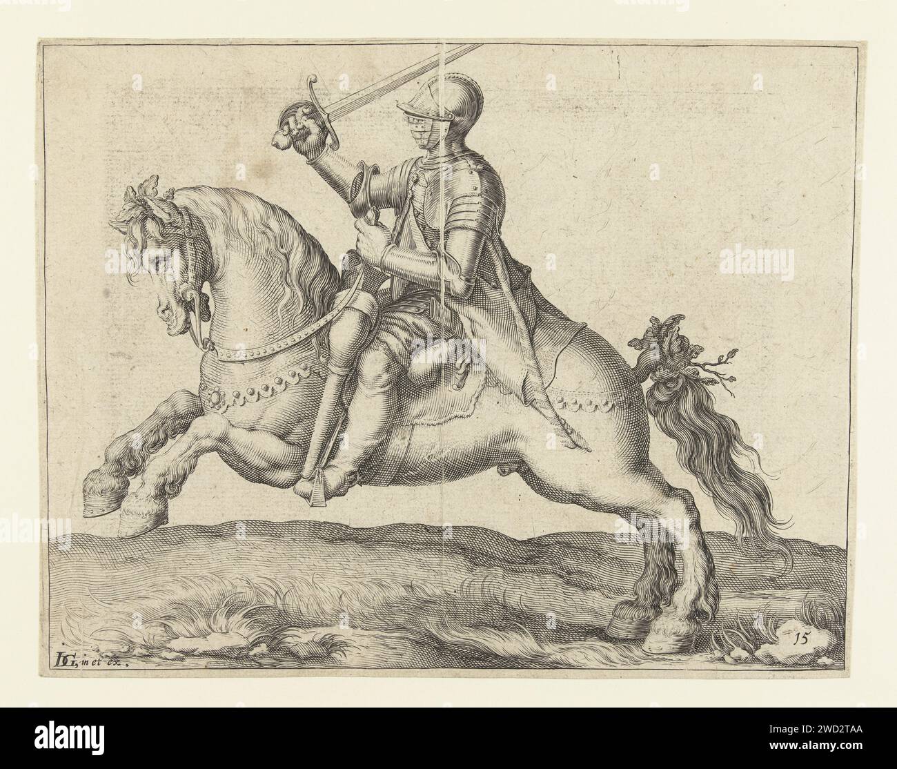 Reiter mit erhobenem Schwert, Jacques de Gheyn (II) (Werkstatt von), nach Jacques de Gheyn (II), 1599 drucken Ein geschirmter Mann auf dem Pferd mit erhobenem Schwert, reitend nach links. Dieser Druck ist Teil einer Serie von 22 nummerierten Drucken: Ein Titelabdruck, 20 Abzüge, auf denen eine oder einige verschiedene Arten von (am meisten gegurteten) Fahrern zu sehen sind, und ein Abdruck mit einem Reiterkampf. Druckerei: Leidenprint Maker: Netherlandspublisher: Leiden Papierstich Kriegsführung; militärische Angelegenheiten (+ Kavallerie, Reiter). Hacker- und Schubwaffen: Schwert Stockfoto