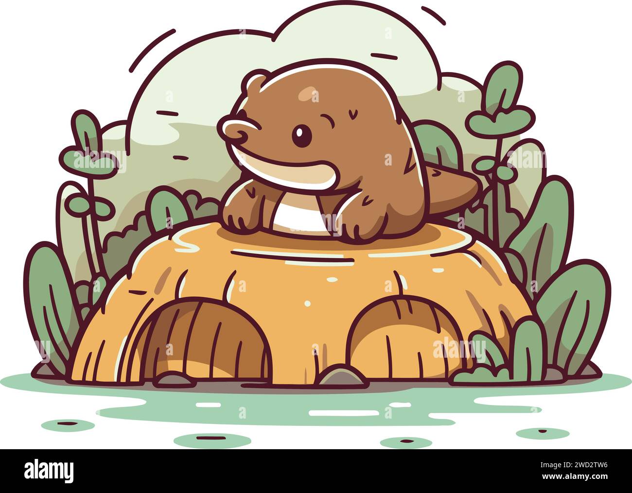 Niedlicher Comic Otter, der auf einem Felsen sitzt. Vektorabbildung. Stock Vektor
