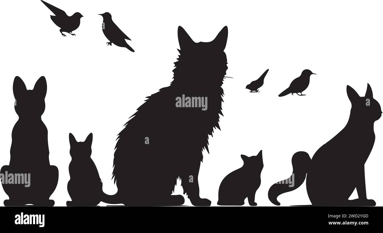 Gruppe von Haustieren; Hund, Katze, Frettchen, Kaninchen, Vogel, Fisch, Nagetier, solide schwarze Silhouette Vektor Illustration. Stock Vektor