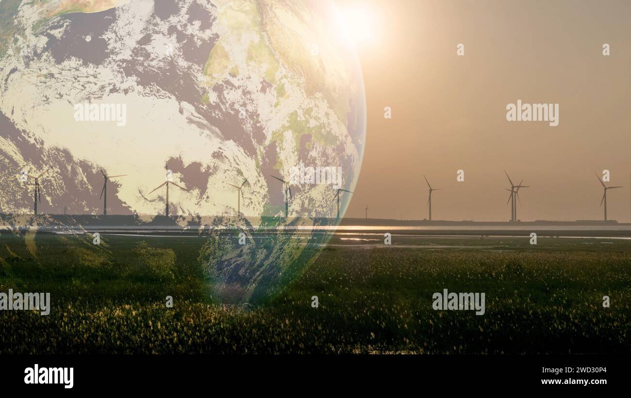Saubere und nachhaltige Energie hält die Erde für lange Zeit gesund. Offshore-Windparks eignen sich hervorragend, um die Landschaft zu genießen und den Sonnenuntergang zu beobachten. Stockfoto