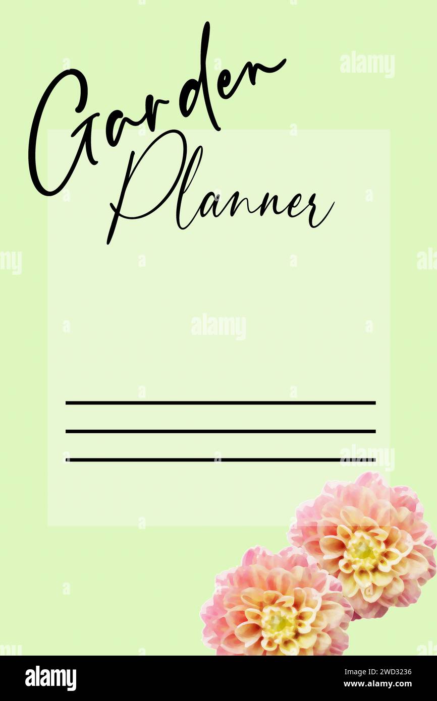 Hübsches Deckblatt für ein Gartenplanerjournal mit malerischen Dahlienblumen und Linien für Name und Datum. Stockfoto