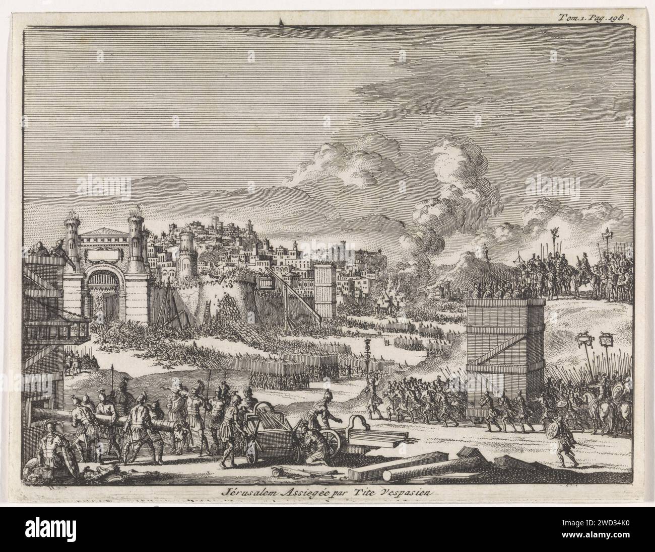 Jerusalem belagert von Titus, Jan Luyken, 1705 Druck Amsterdamer Papiergravur, die in Stadt oder Festung einbricht  Belagerung Jerusalem Stockfoto