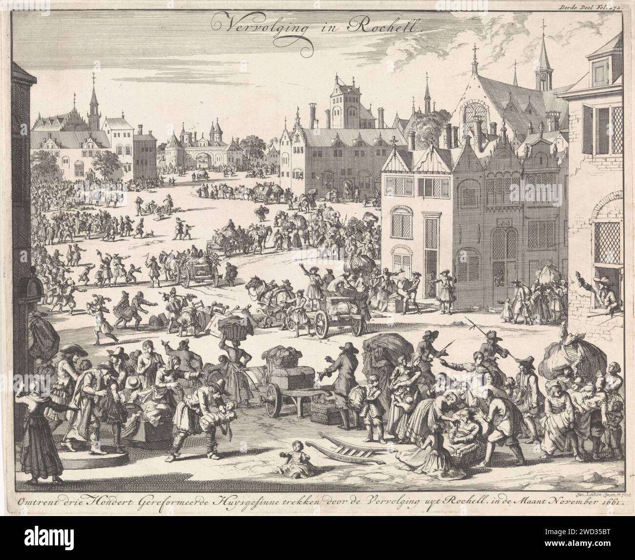 Verfolgung von Protestanten in La Rochelle, 1661, Jan Luyken, 1696 Druck oben rechts markiert: Dritter Teil fol. 272. Amsterdamer Papier über die Verfolgung von Gläubigen La Rochelle Stockfoto