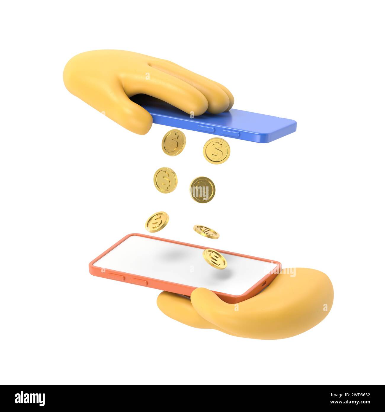 Mobile Zahlung Geldtransfer flache 3D-Isomometrie isometrisches Finanztransaktionskonzept Web 3D Illustration. Münztropfen regneten von einem Smartphone zu Stockfoto