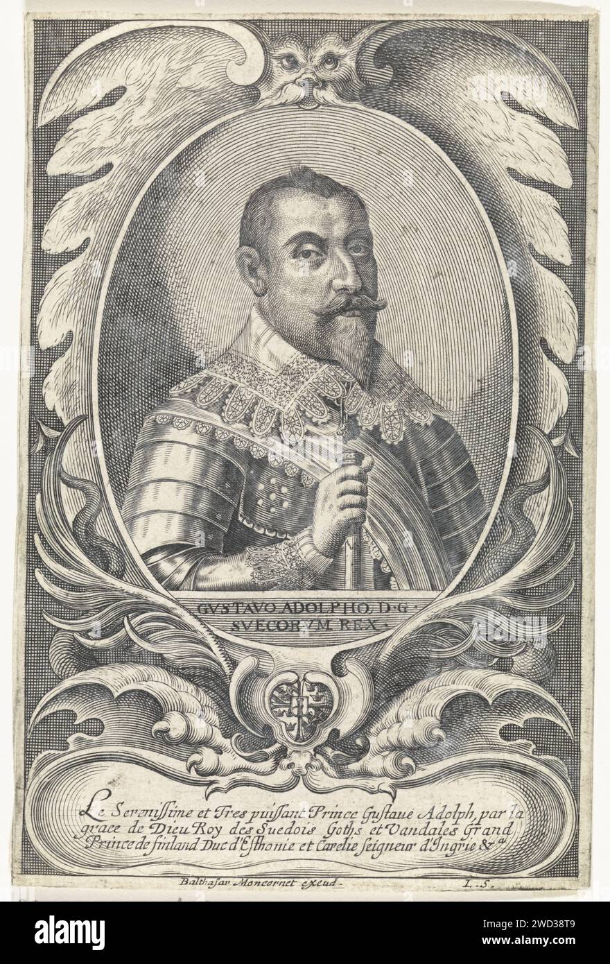 Porträt von König Gustaaf II. Adolf van Schweden, Louis Spirinx, 1606–1669 Porträt von Gustaaf II. Adolf, König von Schweden, mit einem Zepter in der Hand. Das ovale Porträt ist in einem ornamentalen Rahmen mit einem dreizeiligen französischen Text auf der Kartusche eingefangen. Frankreich Papiergravur / Ätzdekoration  Hybridtiere Stockfoto