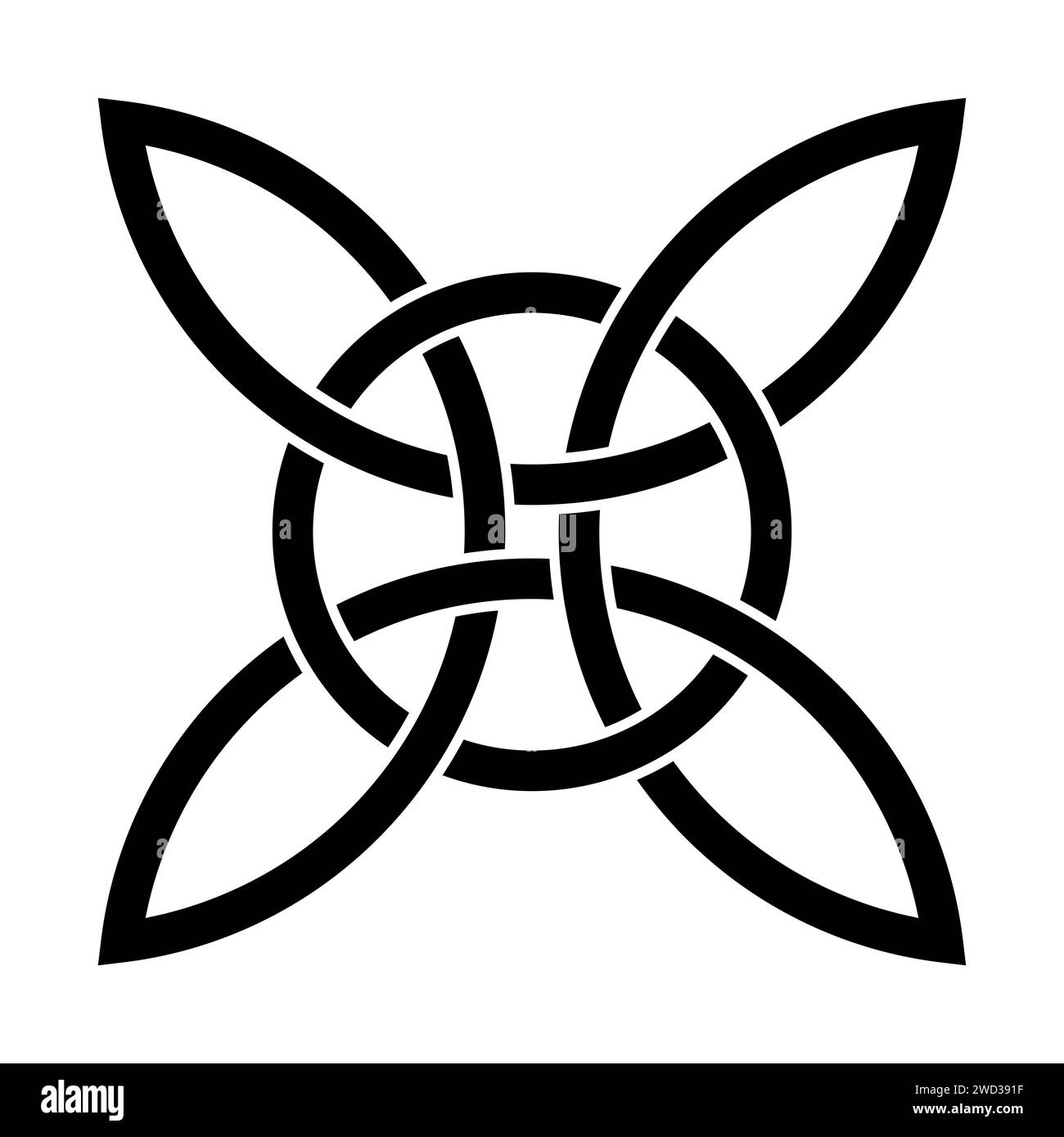 Keltischer Viererknoten mit verschachteltem Kreis. Das keltische Kreuz besteht aus vier endlos verbundenen Bögen, die mit einem Kreis verflochten sind. Spirituelles und religiöses Symbol. Stockfoto