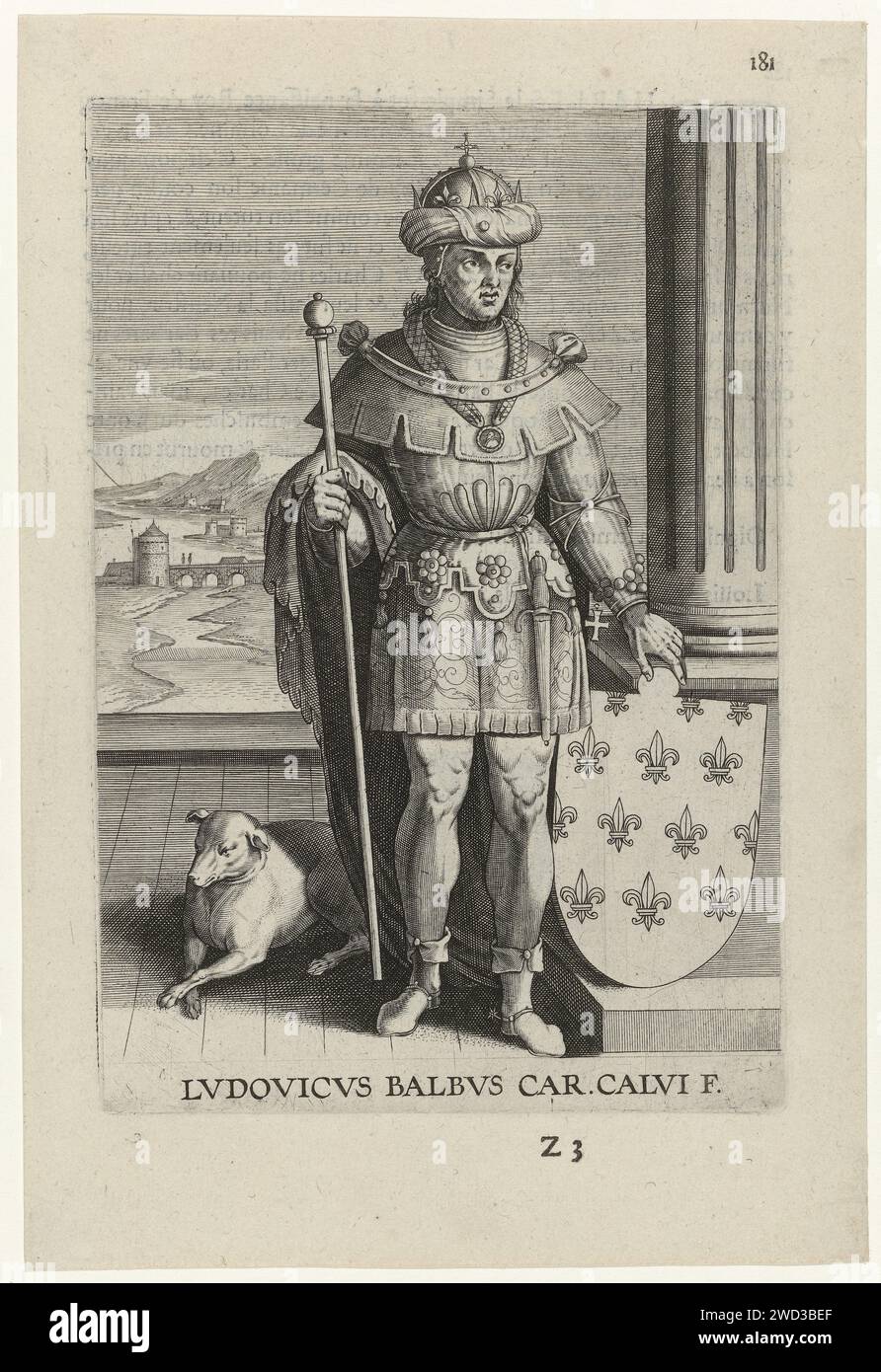 Porträt von Lodewijk de Stamelaar, Philips Galle (abgelehnte Attribution), 1603 Druck Ludwig II. De Stamelaar, König von Frankreich. Neben ihm das Wappen Frankreichs. Der Druck dient als Illustration in einem Buch über die Geschichte der Grafen von Brabant und trägt den Folionummer Z3. Antwerpener Papiergravur Stockfoto
