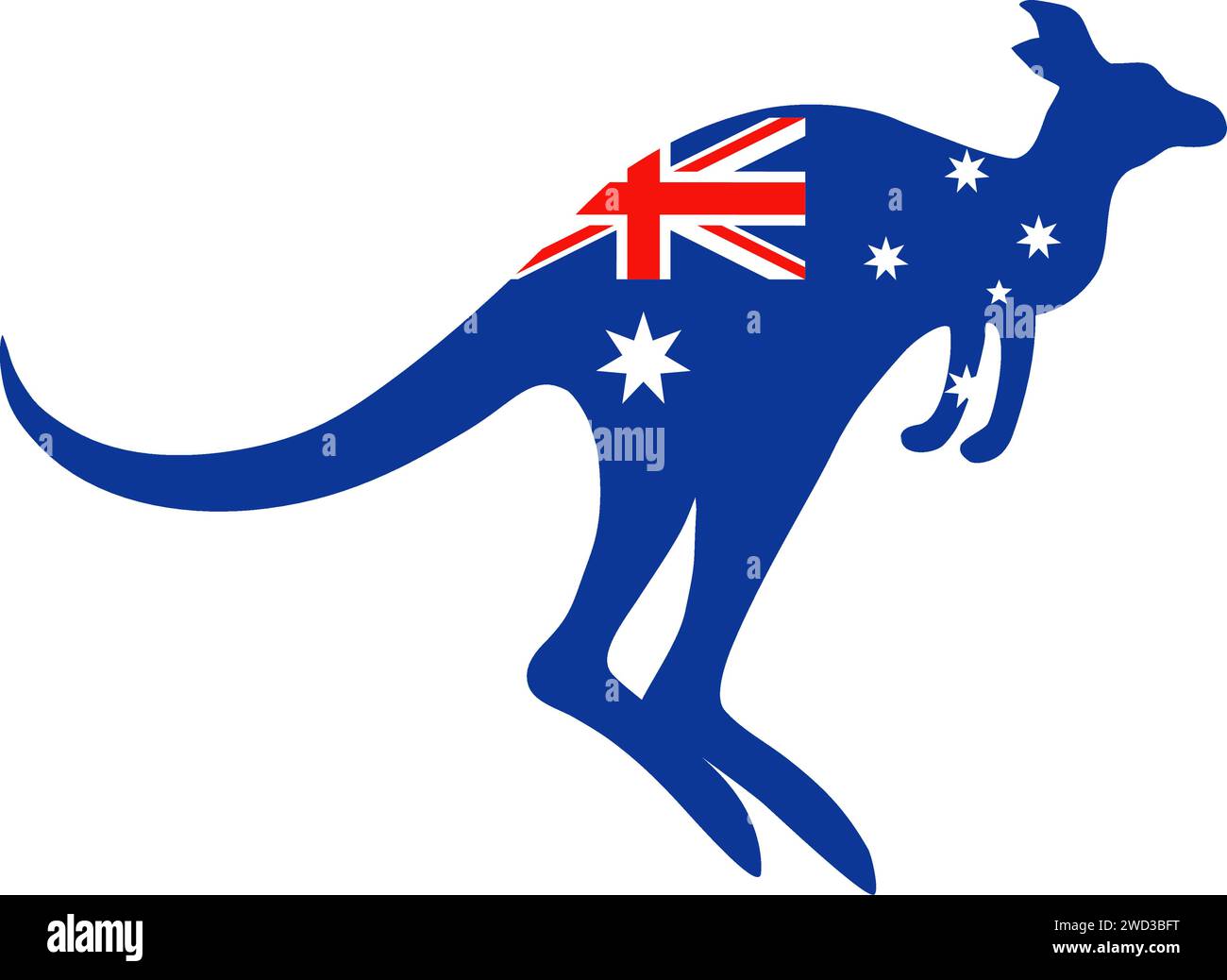 Känguru mit australischer Flagge. Silhouette eines springenden Kängurus mit australischer Nationalflagge. Vektorillustration für T-Shirt oder Poster Stock Vektor