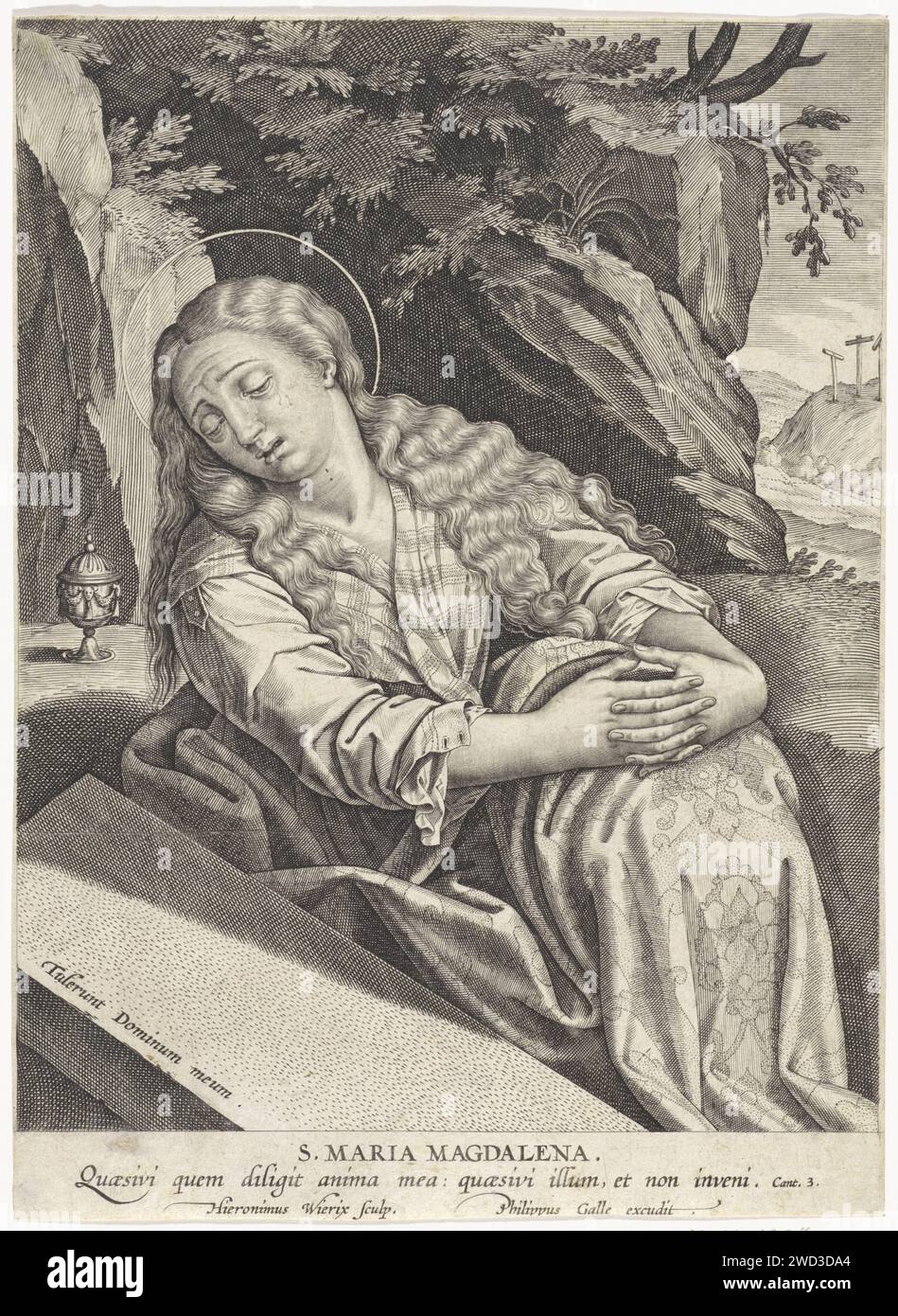Maria Magdalena am Grab Christi, Hieronymus Wierix, 1563 – vor 1619 Druck Maria Magdalena sitzt neben dem Grab Christi, die Arme um die Knie gelegt. Hinter ihr auf einem Stein ihren Salbentopf. Rechts im Hintergrund die drei leeren Kreuze. Am Rande ein Bibelzitat aus Hoogl. 3 auf Lateinisch. Antwerpen Papier Gravur nicht-Wunder Aktivitäten und Veranstaltungen  St.. Maria Magdalena Stockfoto