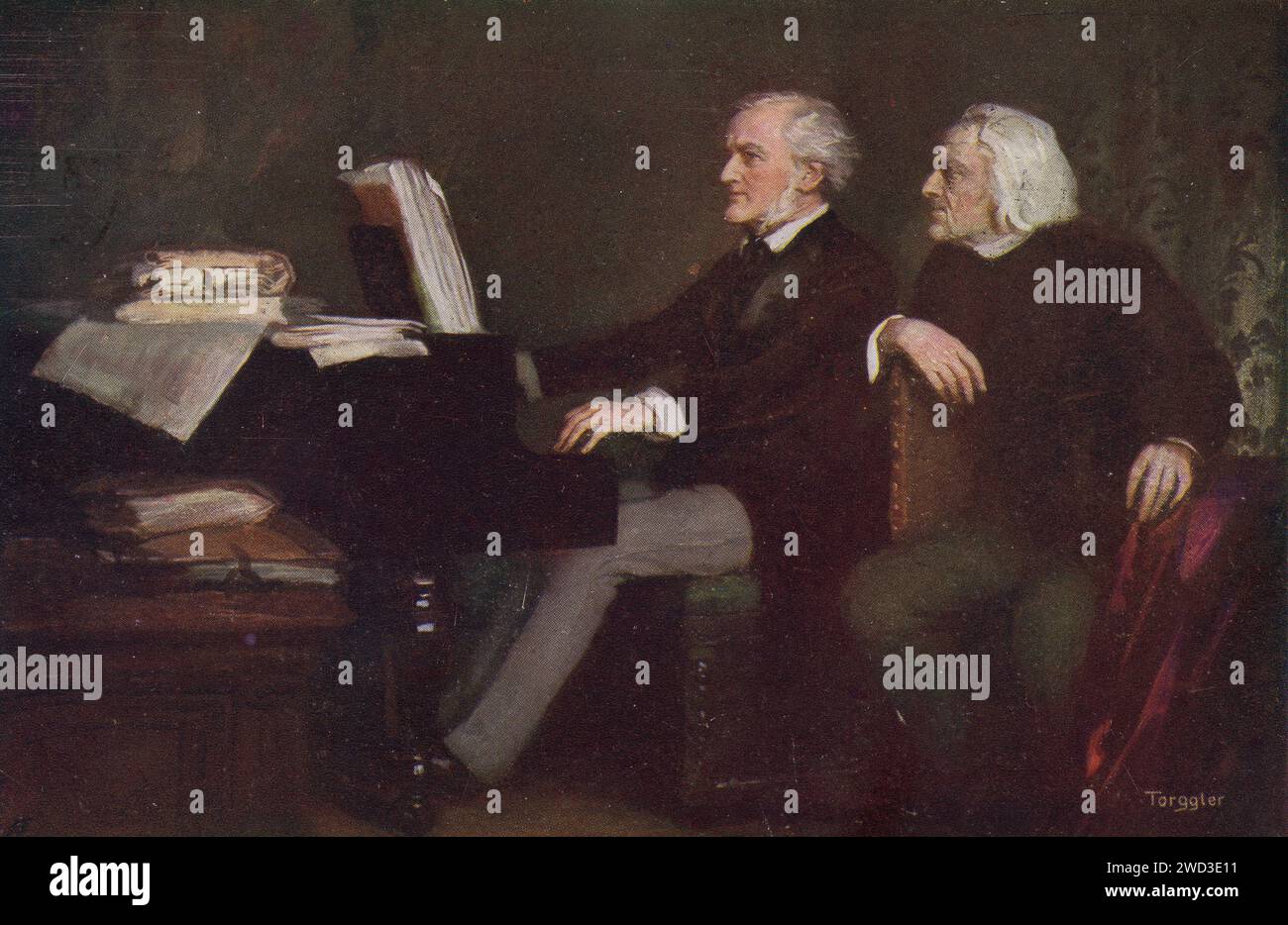 Eine antike Postkarte zeigt die Komponisten Franz Liszt und Richard Wagner vor einem Klavier in einem Gemälde von Hermann Torggler. Deutschland. Um 1914 Stockfoto