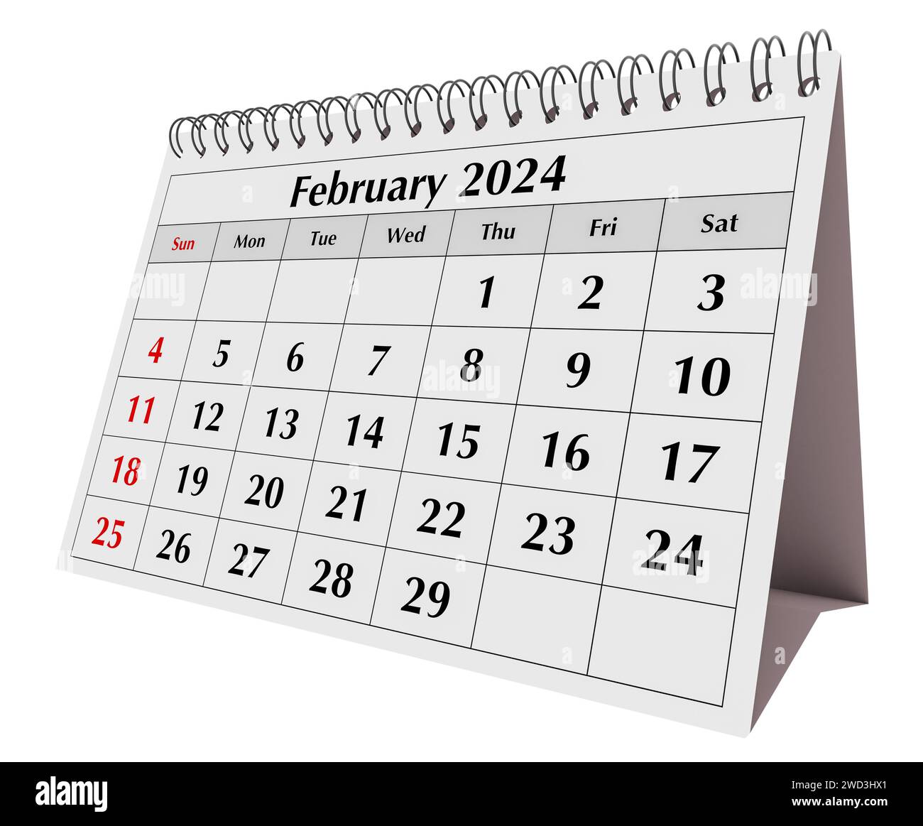 Februar 2024-Kalender. Seite des jährlichen Business Desk-Monatskalenders isoliert auf weißem Hintergrund Stockfoto