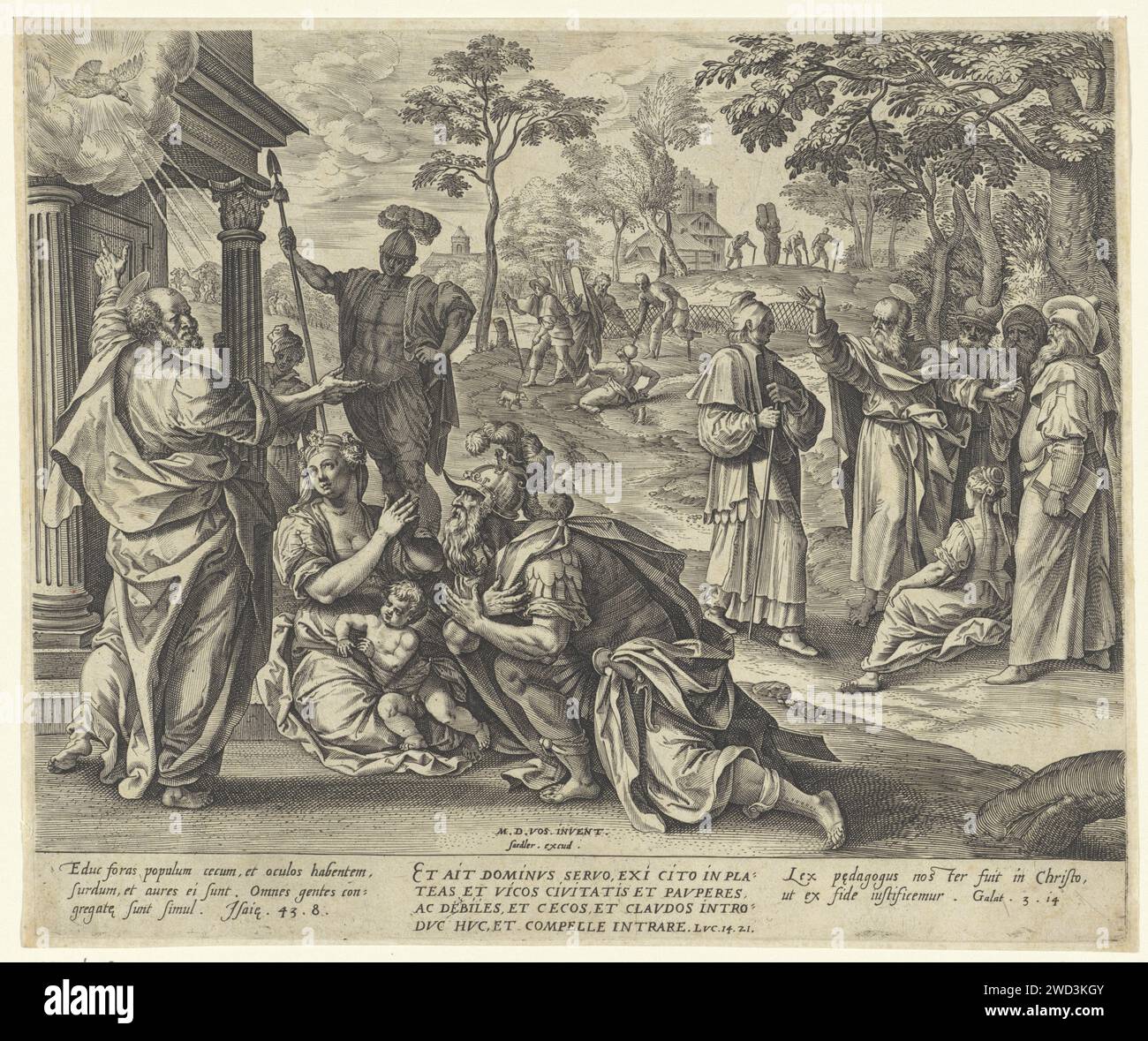 Petrus in Caesarea, Johannes Wierix, nach Maerten de Vos, 1565 – vor 1585 Druck knien Cornelius und seine Verwandten für Peter, wenn er das Haus betreten will. Der Heilige Geist fällt auf sie. Auf der rechten Seite predigt Peter gegen das Volk. Im Hintergrund sehen Sie, wie Moses alle Kranken und Arme der Stadt einlädt, zum Hochzeitsfest des Königs zu kommen. Am Rande drei Bibelziffern, in drei Spalten, von Isa. 43: 8. Luc. 14:21 und Gal. 3:14 Auf Latein. Antwerpener Papierstich Peter im Haus des Cornelius: Der Heilige Geist kommt über Cornelius und seine Familie, die von Haustier getauft werden Stockfoto