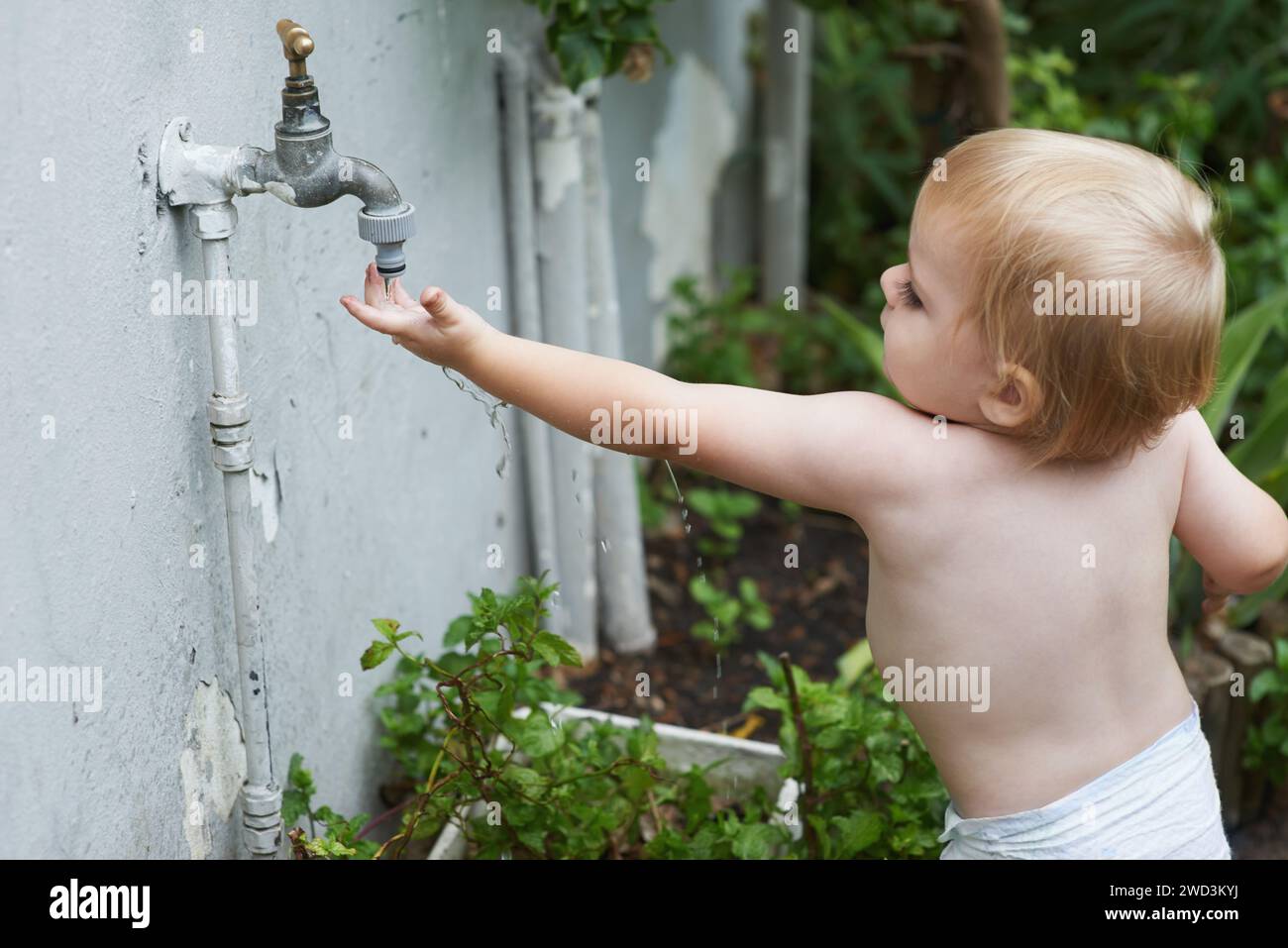 Baby, spielt mit Wasser und Zuhause im Freien, Entwicklung und Wachstum für Neugier, Hinterhof und Windel. Kleinkind, Kind und Gesicht im Garten, allein und Stockfoto