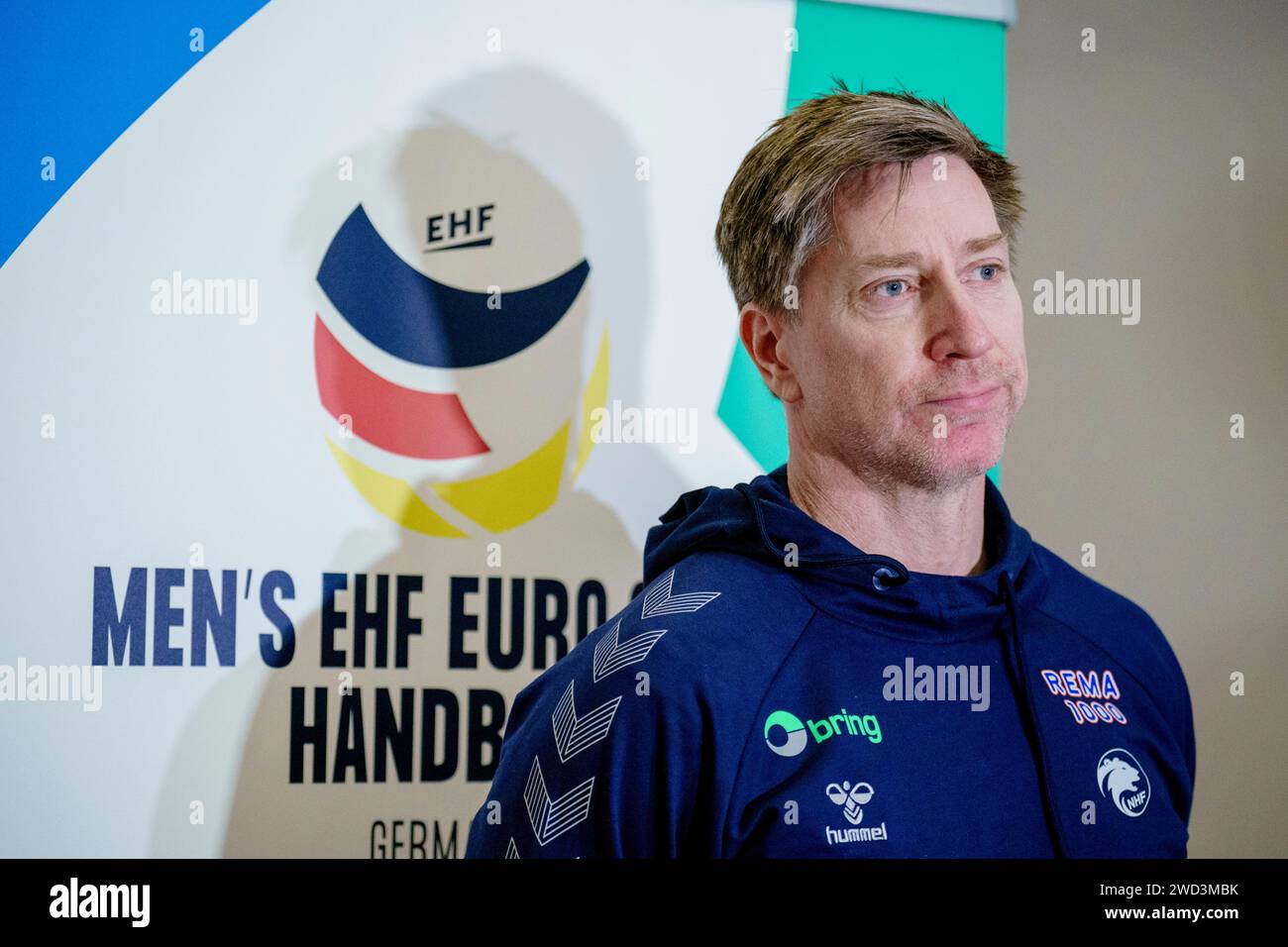 Hamburg, Deutschland 20240118.norwegischer Nationalmannschaftsmanager Jonas Wille bei der Pressekonferenz im Spielerhotel im Zusammenhang mit dem Handball EC. Foto: Stian Lysberg Solum / NTB Stockfoto