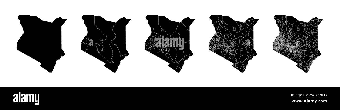 Set von Staatskarten von Kenia mit Regionen und Gemeinden. Abteilungsgrenzen, isolierte Vektorkarten auf weißem Hintergrund. Stock Vektor