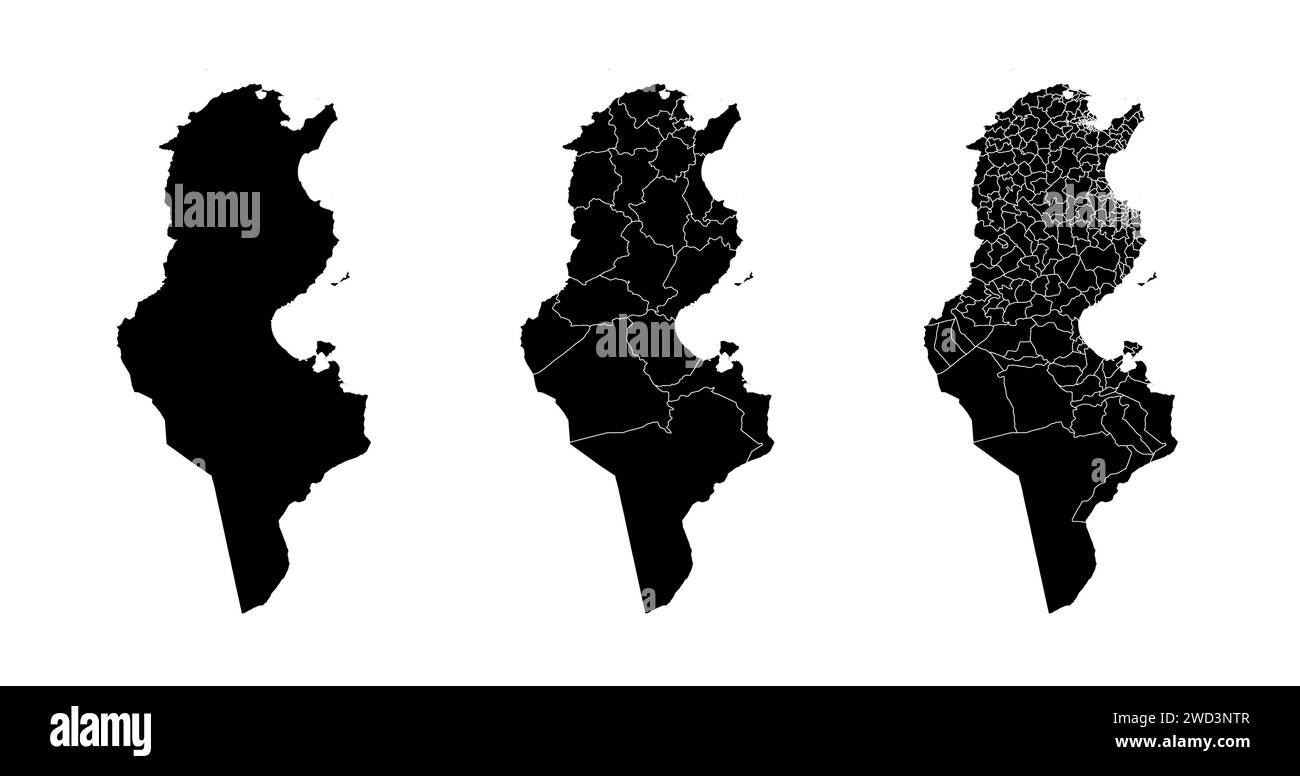 Satz von Staatskarten Tunesiens mit Regionen und Gemeinden. Abteilungsgrenzen, isolierte Vektorkarten auf weißem Hintergrund. Stock Vektor