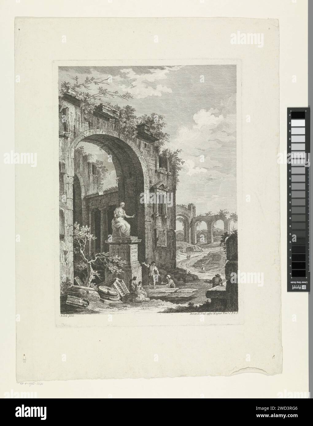 Landschaft mit Ruinen, Fabio Berardi, nach Antonio Joli, 1738 - 1767 drucken Eine Landschaft mit Menschen zwischen den Ruinen und antiken Überresten. Druckerei: Italien Verlag: Venedig Papier ätzt Landschaften. Ruine eines Gebäudes  Architektur Stockfoto