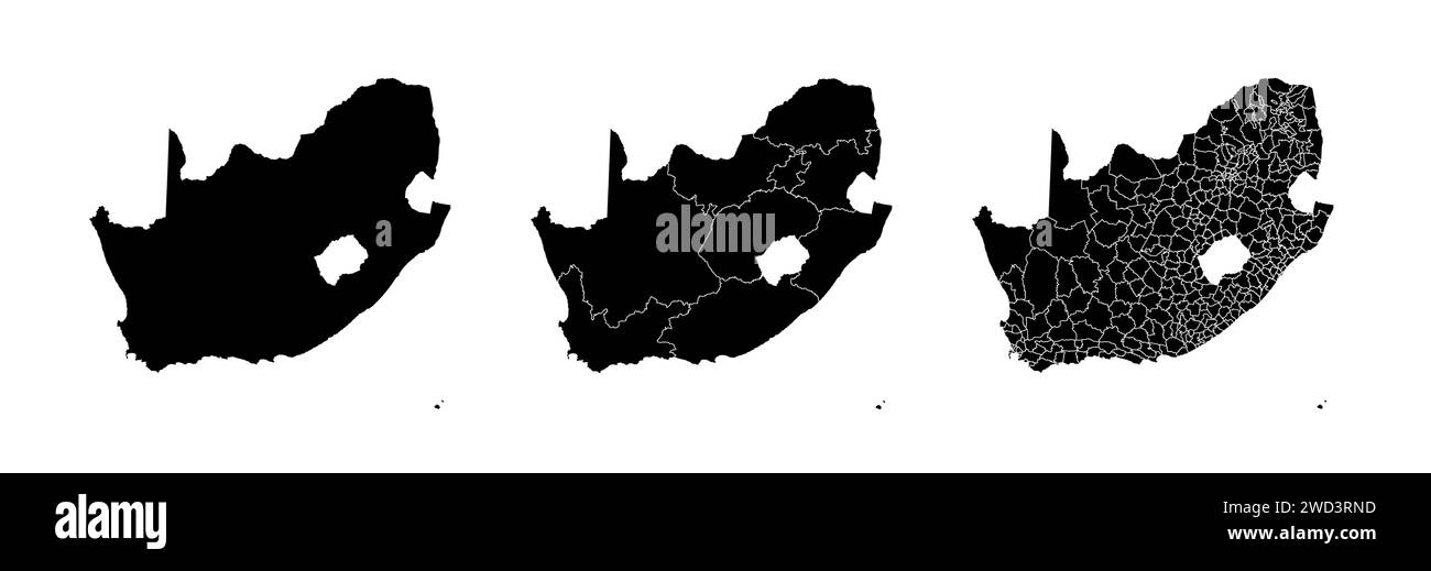 Satz von Staatskarten von Südafrika mit Regionen und Gemeinden. Abteilungsgrenzen, isolierte Vektorkarten auf weißem Hintergrund. Stock Vektor