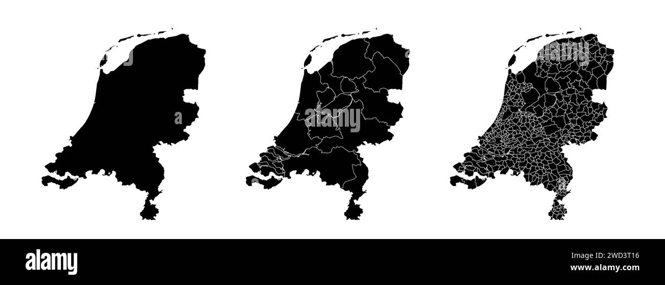 Satz von Staatskarten der Niederlande mit Regionen und Gemeinden. Abteilungsgrenzen, isolierte Vektorkarten auf weißem Hintergrund. Stock Vektor