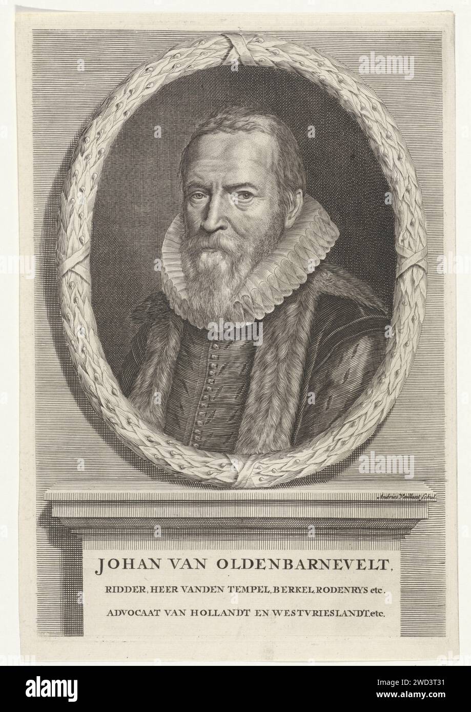 Porträt von Johan van Oldenbarnevelt, Andries Vaillant, nach Michiel Jansz van Mierevelt, 1665–1693 Druck Porträt von Johan van Oldenbarnevelt, Abzüge einer Serie von 19 Porträts von Figuren aus der niederländischen Geschichte. Papiergravur für niedrige Länder Stockfoto
