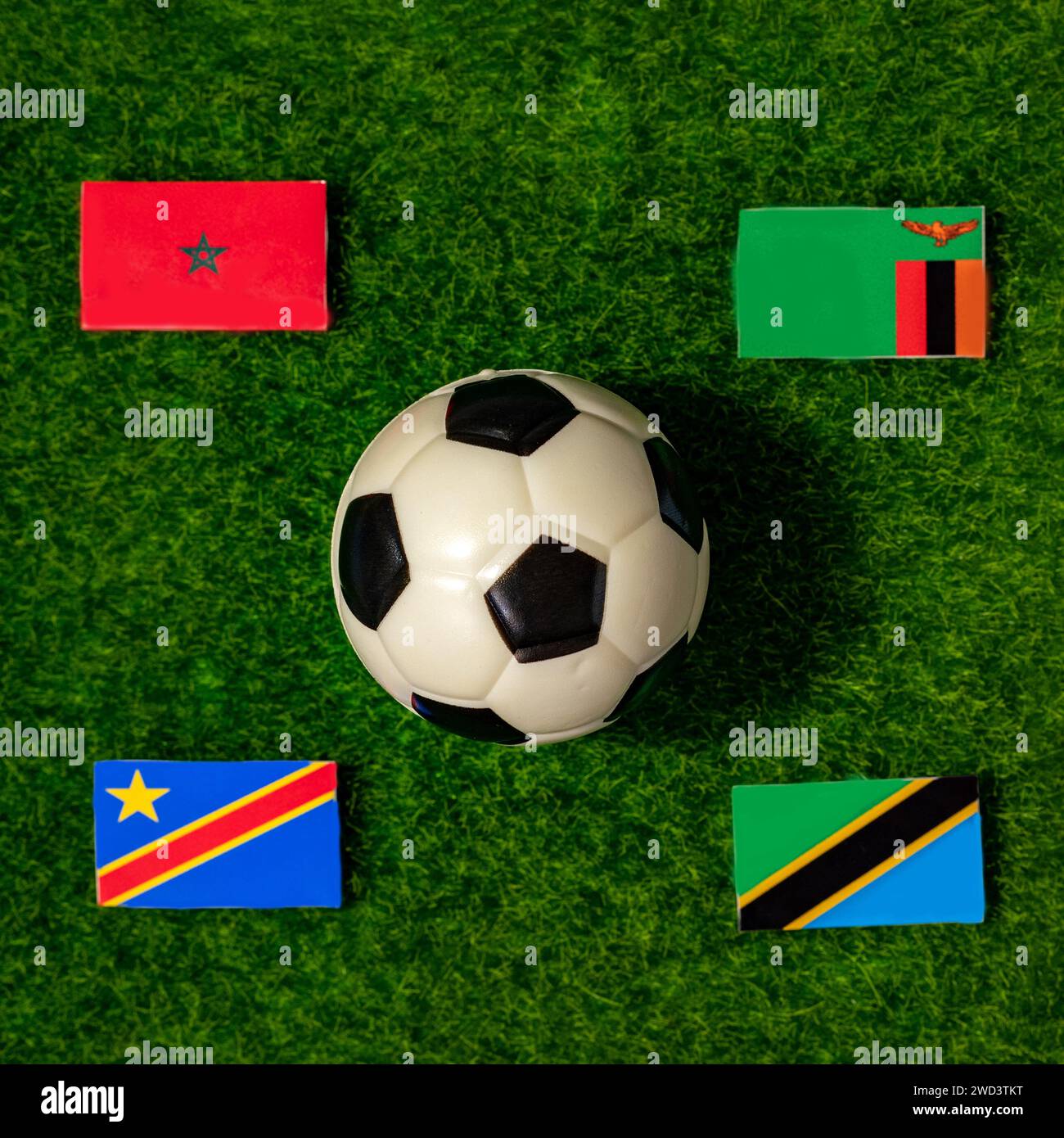 Flaggen der Teams, die an der Gruppe F des Afrikanischen Völkercups 2024 teilnehmen. Marokko, Sambia, DR Kongo, Tansania. Stockfoto