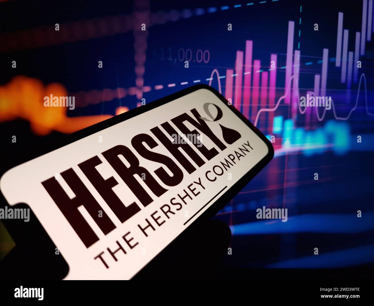 Konskie, Polen – 16. Januar 2024: Das Logo der Firma Hershey wird auf dem Bildschirm des Mobiltelefons angezeigt Stockfoto