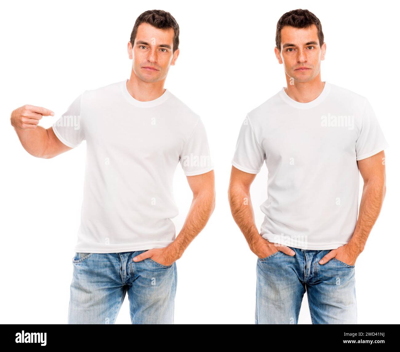 Mann in einem weißen T-Shirt isoliert auf weißem Hintergrund für Ihr Design Stockfoto