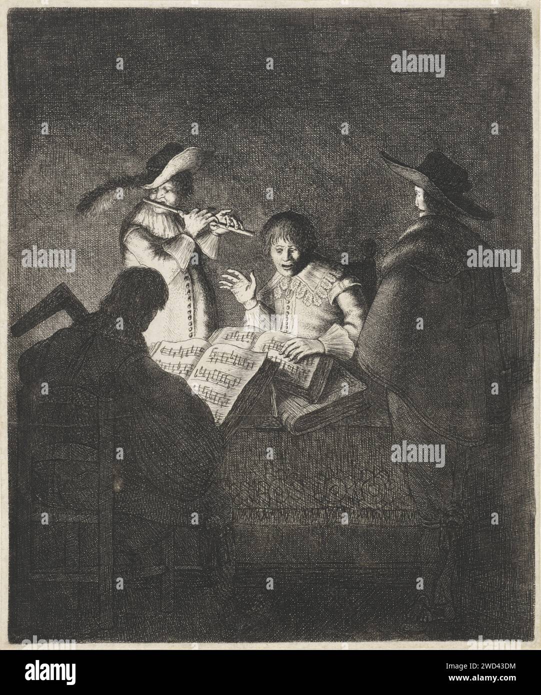 Musicingfirma Jan Gillisz. Van Vliet, 1634 Abdruck in einem Innenraum ist ein Mann mit einer Musikergruppe. Ein Mann auf dem Rücken spielt eine Laute, ein Mann spielt eine Flöte und ein Mann singt um einen Tisch, auf dem Liederbücher stehen. Leiden Papier Ätzen / Gravieren Hören, Hören (einer der fünf Sinne). Notation von Musik. Musiker, die Sänger begleiten. Musikinstrumente; Gruppe von Musikinstrumenten (+ Künstler bei der Arbeit) Stockfoto