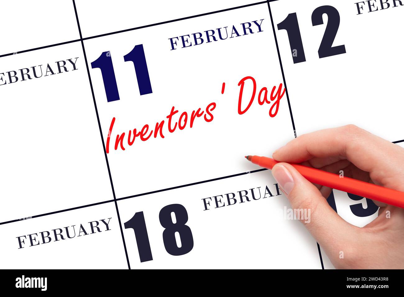 Februar: Handschrift Text Erfinder' Day am Kalenderdatum. Speichern Sie das Datum. Urlaub. Tag des Jahres-Konzept. Stockfoto