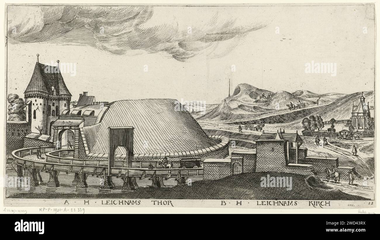 Blick auf die Heilige Leichnam-Kirche und den Turm vor Danzig, Aegidius Dickmann, 1625 Druckerei: Danzig (möglicherweise) Verlag: Amsterdam (möglicherweise) Papierätzung Stadt-Ansicht und Landschaft mit künstlichen Konstruktionen. Stadttor. Brücke in der Stadt über Fluss, Kanal usw. Kirche (außen) Danzig Stockfoto