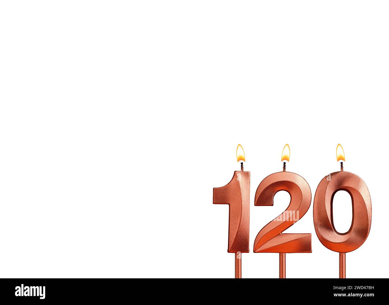 Brennende Kerze Nummer 120 zum Geburtstag auf weißem Hintergrund Stockfoto