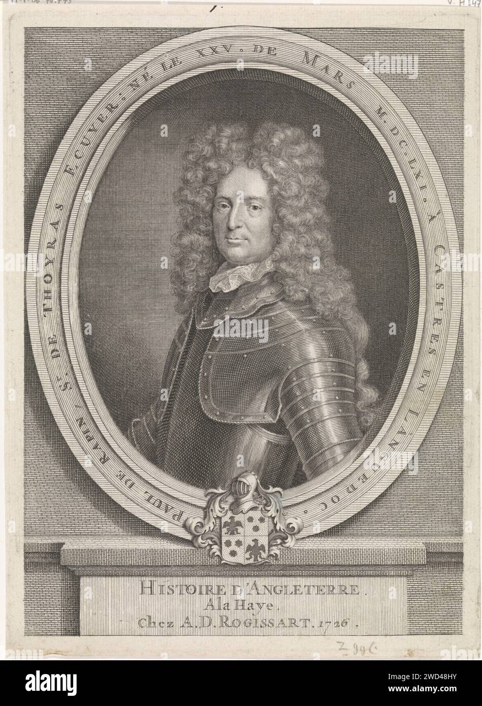 Paul de Rapin de Thoyras, Anonym, nach H. Hondius, nach Jacob Houbraken, nach J. Brandon, 1726 Druck Portrait in der Hälfte links von Paul de Rapin de Thoyras, gekleidet in einem Harness, in einem Oval mit Rand in Französisch. Auf dem Boden seines Familienwappens. Das Porträt ruht auf einem Peidestal, auf dem der Name seines Buches und die Impressum stehen. Der Haager Papierstich Stockfoto