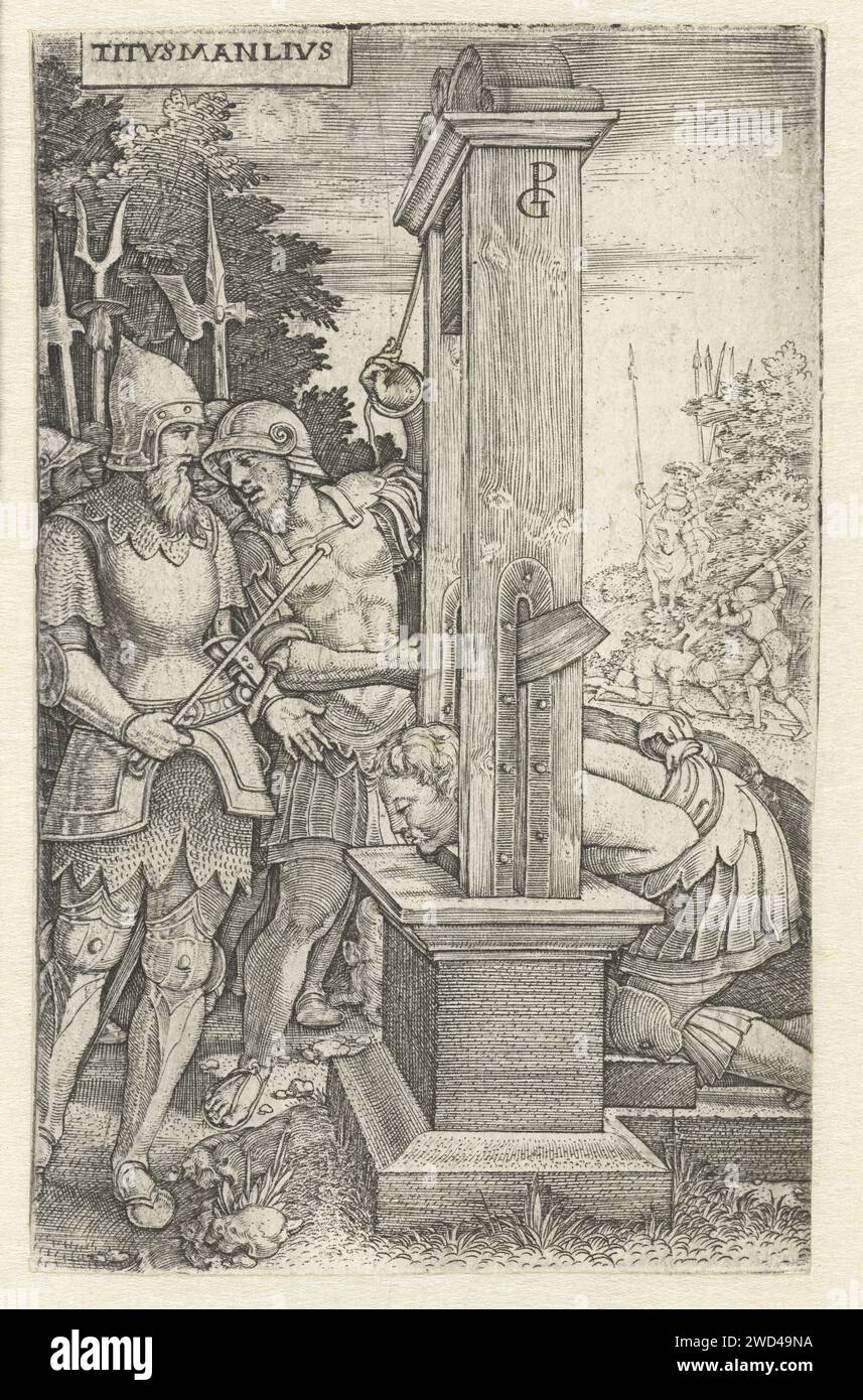 Titus Manlius Torquatus lässt seinen Sohn enthaupten, Georg Pencz, 1535 Druck Titus Manlius Torquatus steht neben einem Vorläufer der Guillotine, einer Art Fallaxt, die von einem Soldaten betrieben wird. Der Sohn von Titus Manlius kniet an das Gerät und hat seinen Kopf durchgesteckt. Der Grund für diese Bestrafung ist im Hintergrund dargestellt, der Junge kämpft gegen den Befehl seines Vaters gegen einen Feind. In Deutschland hat Torquatus seinen Sohn enthauptet, weil er in einem einzigen Kampf gegen die strengen Befehle seines Vaters gegen einen Feind gekämpft hat Stockfoto