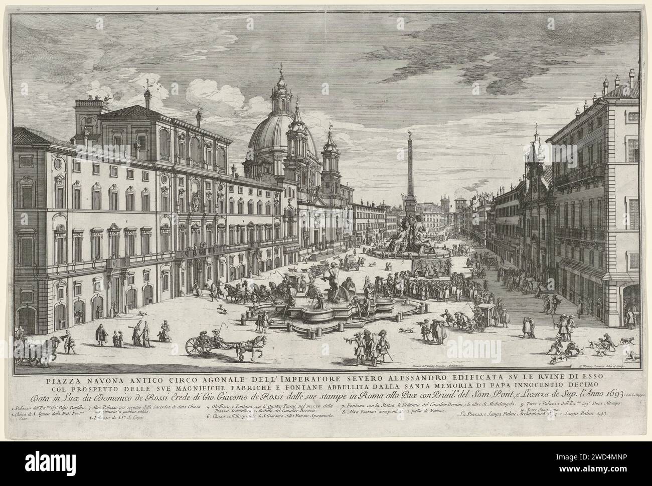 Blick auf die Piazza Navona in Rom, Gommarus Wouters, 1693 Druckelemente der Vorstellung sind nummeriert 1-11 und entsprechen der Legende unter der Show. Rom Papier, das Piazza Navona graviert Stockfoto