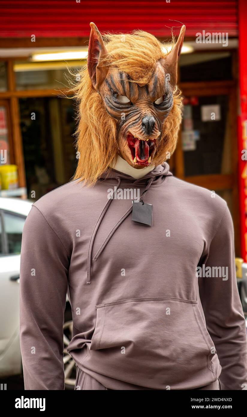 Schaufensterpuppe mit grimmiger Tiermasken-Kopfbedeckung. Stockfoto