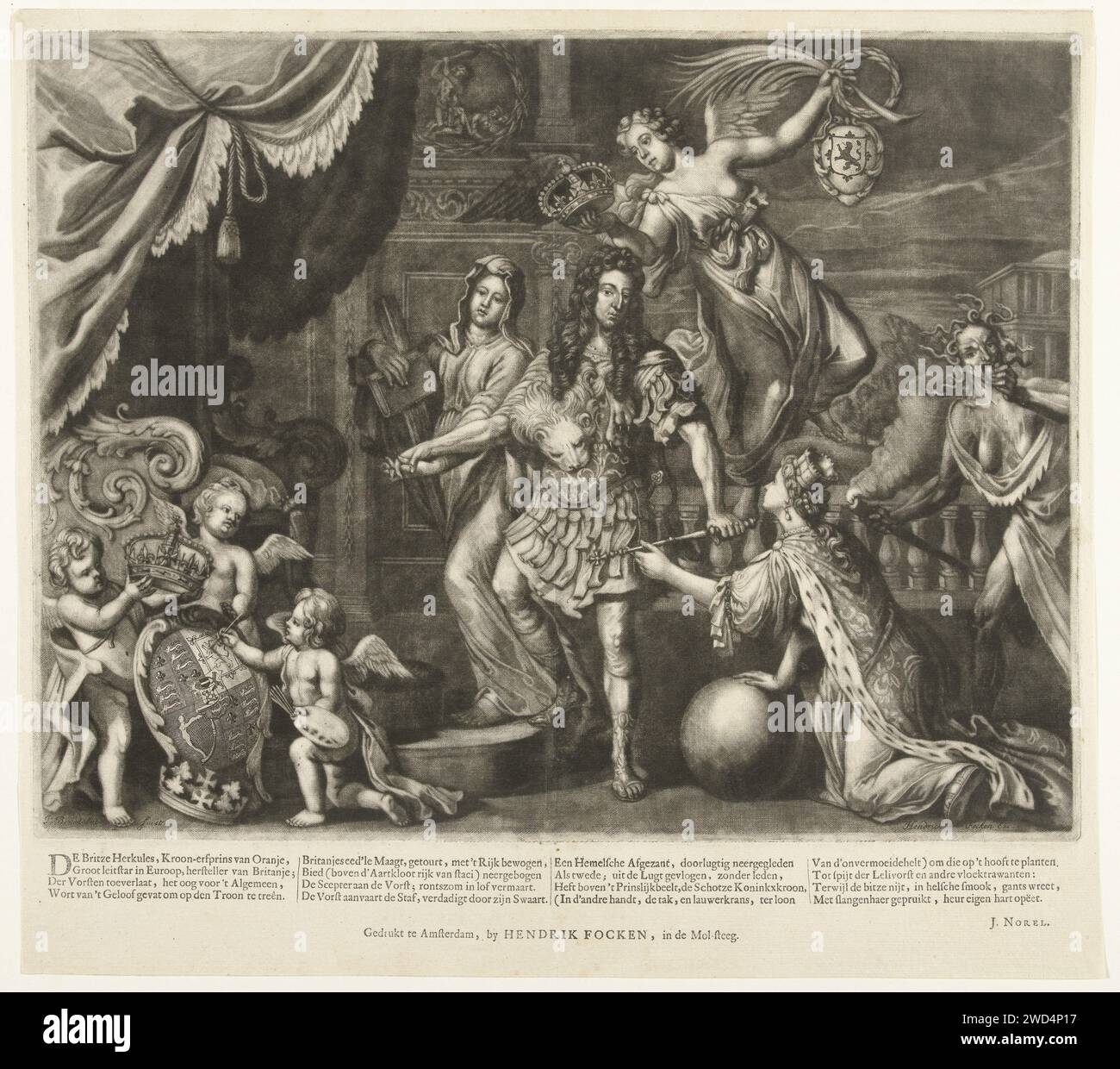 Allegorie zur Ernennung von Wilhelm III. Zum König von Großbritannien, 1689, Jan Broedelet, 1689 Druck Allegorie über die Ernennung von Wilhelm III. Zum König von Großbritannien, 1689. Prinz Willem, zusammen mit Leeuwenhuid, wird von einem Engel die schottische Königskrone und das Zepter der knienden britischen Jungfrau angeboten. Der glaube führt ihn an der Hand zum Thron. Unter der Linken malt ein Engel das Schild Großbritanniens und zwei andere heben eine Krone auf. Rechts beißt der Neid mit Fackel und Schlangenhaar ein Herz. Unter dem Teller vier Mal vier Strophen über die Britze Herkules. Druckmaschine: N Stockfoto