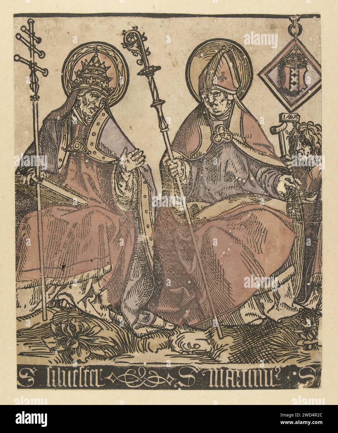 Die Heiligen Silvester und Martinus, Jacob Cornelisz van Oostsanen, 1509–1513, drucken die linke Hälfte eines Abdrucks. Gedruckt aus einer Serie von drei Abzügen von sechs Blöcken. St. Sylvester und St. Martin, beide sitzen nebeneinander, Sylvester links, Martinus rechts. Der erste hat ein Diadem auf dem Kopf und hält ein Buch auf seinem Schoß, der andere mit einer Mitere auf dem Kopf scheint einem Bettler, der hinter ihm steht, mit einem Hocker in der Hand eine Almosen zu geben. Über dem Bettler hängt ein Schild mit der Waffe von Amsterdam. Unter dem Bild S. Silvester, S. Martinus S. Papierkrieg Sylvester I.; mögliche Attribute Stockfoto
