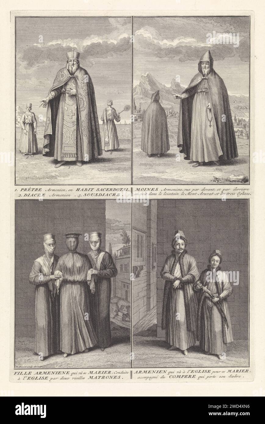 Armenischer Klerus und armenischer Braut und Bräutigam, Bernard Picart (Werkstatt), 1732 Blatt mit vier Darbietungen armenischer Klerus und Gebrauch vor der armenischen Ehe. Oben links: Ein Priester der armenischen apostolischen Kirche. Hinter ihm befindet sich ein Unterwasserloch auf der linken Seite und ein Diakon auf der rechten Seite. Oben rechts: Zwei armenische Mönche in einer Landschaft mit dem Berg Ararat im Hintergrund. Unten links: Eine armenische verschleierte Braut wird von zwei Vorgesetzten zur Kirche gebracht. Unten rechts: Ein armenischer Bräutigam auf dem Weg zur Kirche, um zu heiraten. Neben ihm sein Gefährte, der h trägt Stockfoto Armenischer Klerus und armenischer Braut und Bräutigam, Bernard Picart (Werkstatt), 1732 Blatt mit vier Darbietungen armenischer Klerus und Gebrauch vor der armenischen Ehe. Oben links: Ein Priester der armenischen apostolischen Kirche. Hinter ihm befindet sich ein Unterwasserloch auf der linken Seite und ein Diakon auf der rechten Seite. Oben rechts: Zwei armenische Mönche in einer Landschaft mit dem Berg Ararat im Hintergrund. Unten links: Eine armenische verschleierte Braut wird von zwei Vorgesetzten zur Kirche gebracht. Unten rechts: Ein armenischer Bräutigam auf dem Weg zur Kirche, um zu heiraten. Neben ihm sein Gefährte, der h trägt Stockfoto