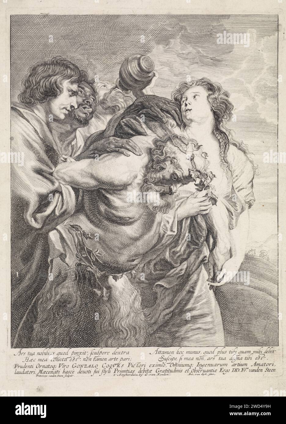 Betrunkener Silenus unterstützt von Baccians, Frans van der Steen, nach Anthony Van Dyck, 1688–1727 drucken der betrunkene Silenus wird von Baccians unterstützt. Silenus hat einen Kranz aus Flügelblättern auf dem Kopf. Amsterdamer Papierstich (Geschichte von) Silenus. (Story of) Silenus - Nachwuchs, Begleitung(en), Zug usw. Stockfoto