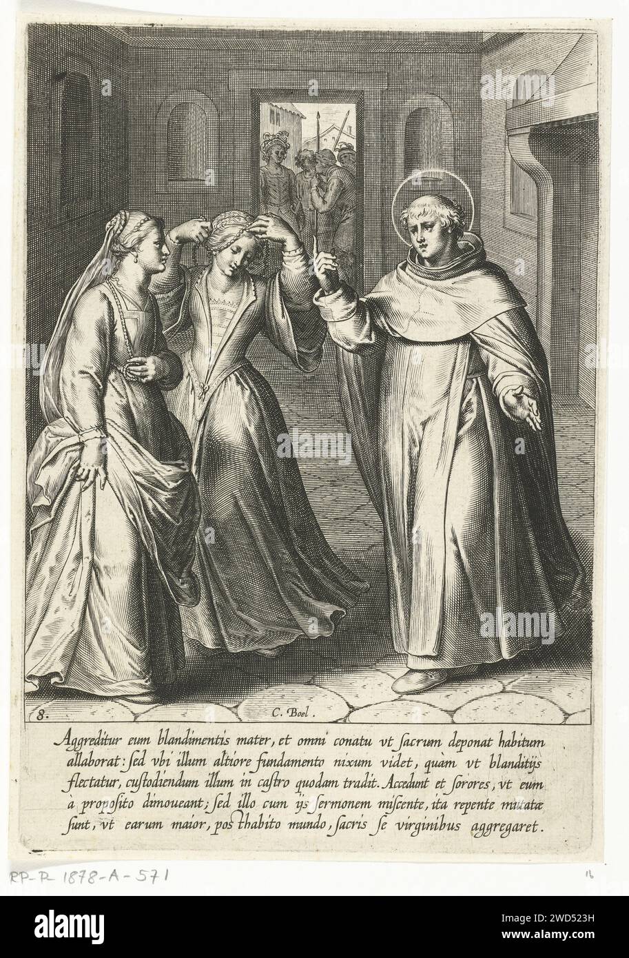 Thomas konvertiert seine Schwester Cornelis Boel, nach Otto van Veen, 1610 gedruckt Thomas konvertierte seine älteste Schwester. Sie nimmt ihren Schmuck und geht ins Kloster. Drucken Sie aus einer Serie von 30 Drucken, die die Lebensgeschichte von Thomas von Aquino repräsentieren. Die von Otto van Veen entworfenen und veröffentlichten Drucke wurden von C. Boel, E. van Paenderen, C. Galle und G. Swanenburgh gefertigt. Druckerei: Südhollandspublisher: Antwerpener Papiergravur des Dominikanischen Theologen, 'Angelic Doctor' Thomas von Aquino; mögliche Attribute: Buch, (Kette mit) Sonne, Taube, Gürtel der Keuschheit, lily, Modell der Kirche, Monstr Stockfoto