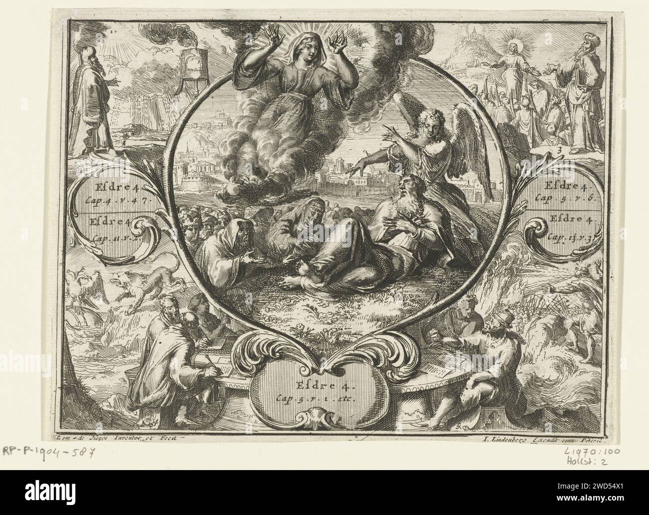 Ezra, Engel und Erscheinungsbild einer Frau, Romeyn de Hooghe, 1705–1715 Druck Ezra liegend, mit Engel (uriel), der auf das Erscheinungsbild einer Frau hinweist. Vier Aufführungen rund um die Hauptaufführung mit anderen Episoden aus dem apokryphen Buch Ezra. In drei Frameworks wird auf die Passagen aus Esra 4 verwiesen. Druckerei: Netherlandspublisher: Amsterdamer Papiergravur Ezra und der Erzengel Uriel (2 Esdras 4:1). Esras Vision des Adlers und des Löwen (2 Esdras 11-12) Stockfoto