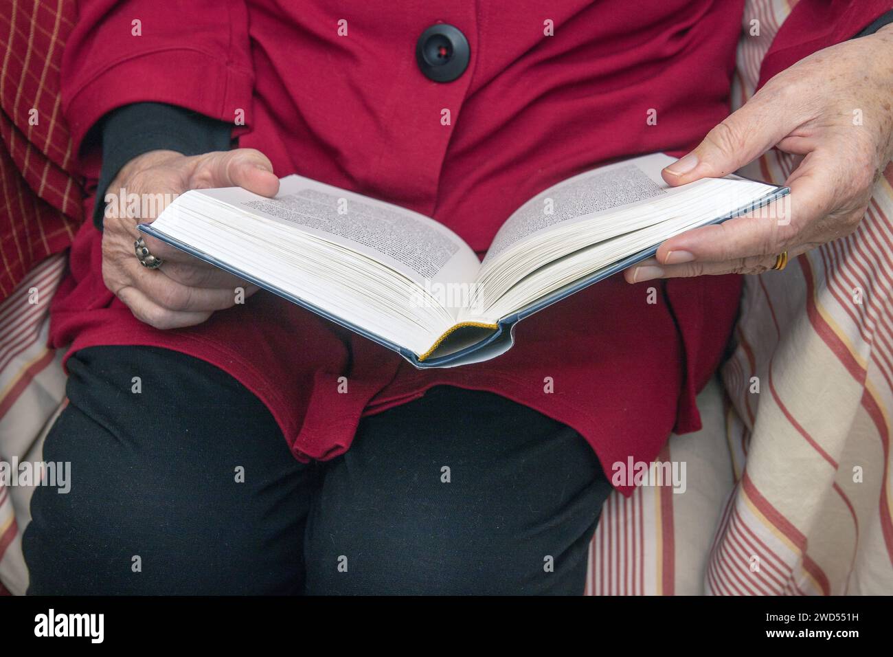 Buchleser. Eine ältere Frau liest ihr Buch, das auf ihrem Schoß liegt Stockfoto