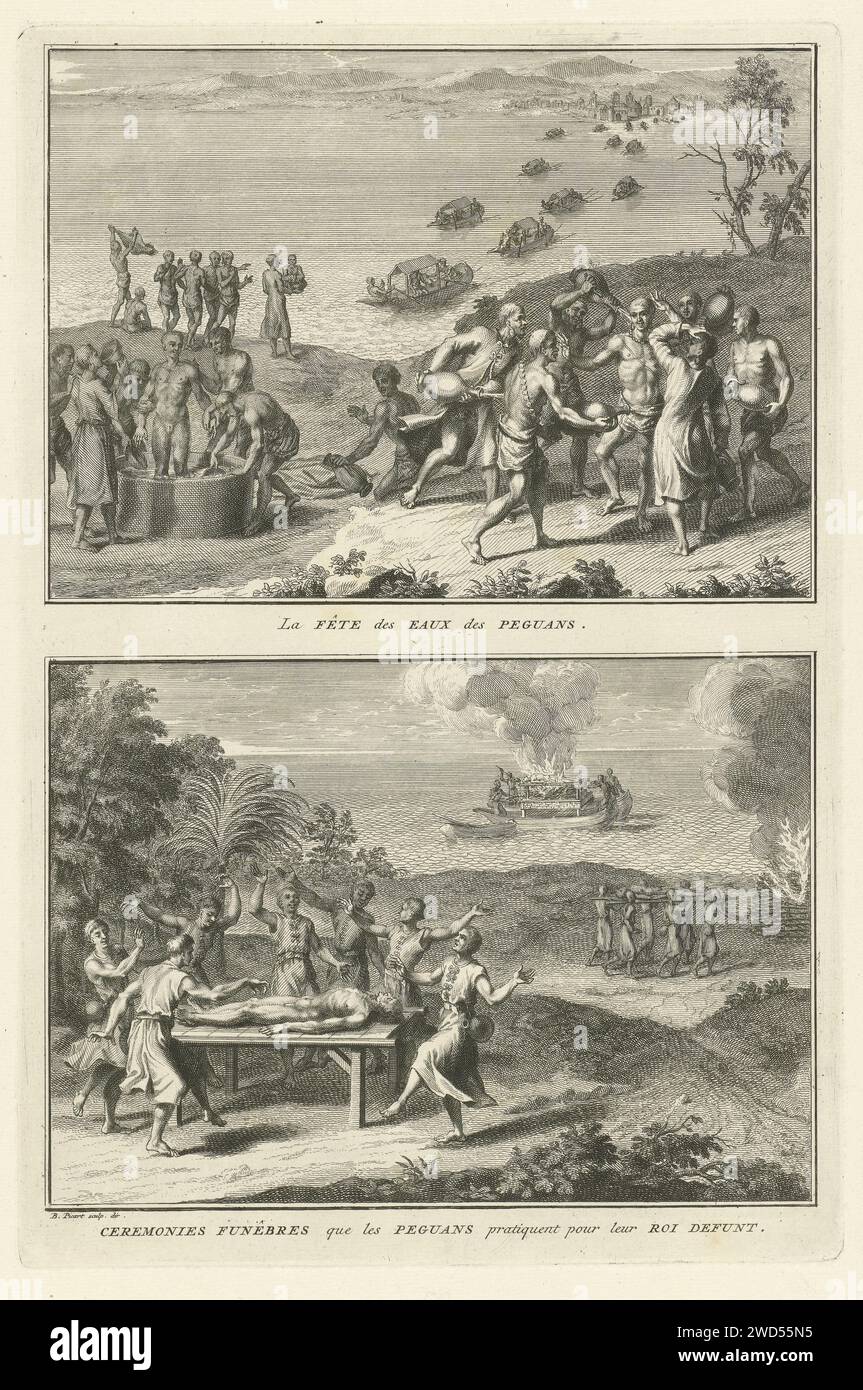 Aufführungen von Ritualen in Pegu, Bernard Picart (Werkstatt von), 1726 Print Blatt mit zwei Aufführungen von Ritualen aus Pegu. Oben: Partyzeremonien in Pegu während der Party von Sapan Giacche, einem Wasserfest. Der König von Pegu kann gewaschen und mit Geruchswasser besprüht werden. Unter: Einäscherung von Königen nach der Verwendung in Pegu. Der Leichnam des Königs wird an Land oder in einem Boot auf dem Wasser verbrannt. Unter den Aufführungen eine Bildunterschrift auf Französisch. Amsterdamer Papierätzung / Gravur rituelle Praktiken  Tod und Begräbnis (Hinduismus, Buddhismus, Jainismus). Rituelle Praktiken mit besonderen Zielen  Hinduismus, Buddhismus, J Stockfoto