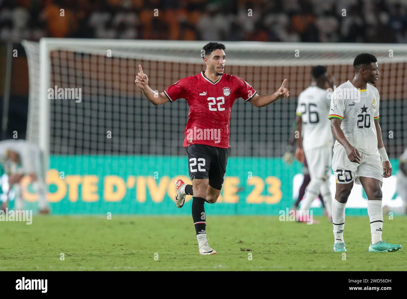 Abidjan, Nigeria. Januar 2024. Ägypten gegen Ghana. Afrikanischer Nationenpokal AFCON 2023. Omar Khaled Mohamed Marmoush. Victor Modo Stockfoto