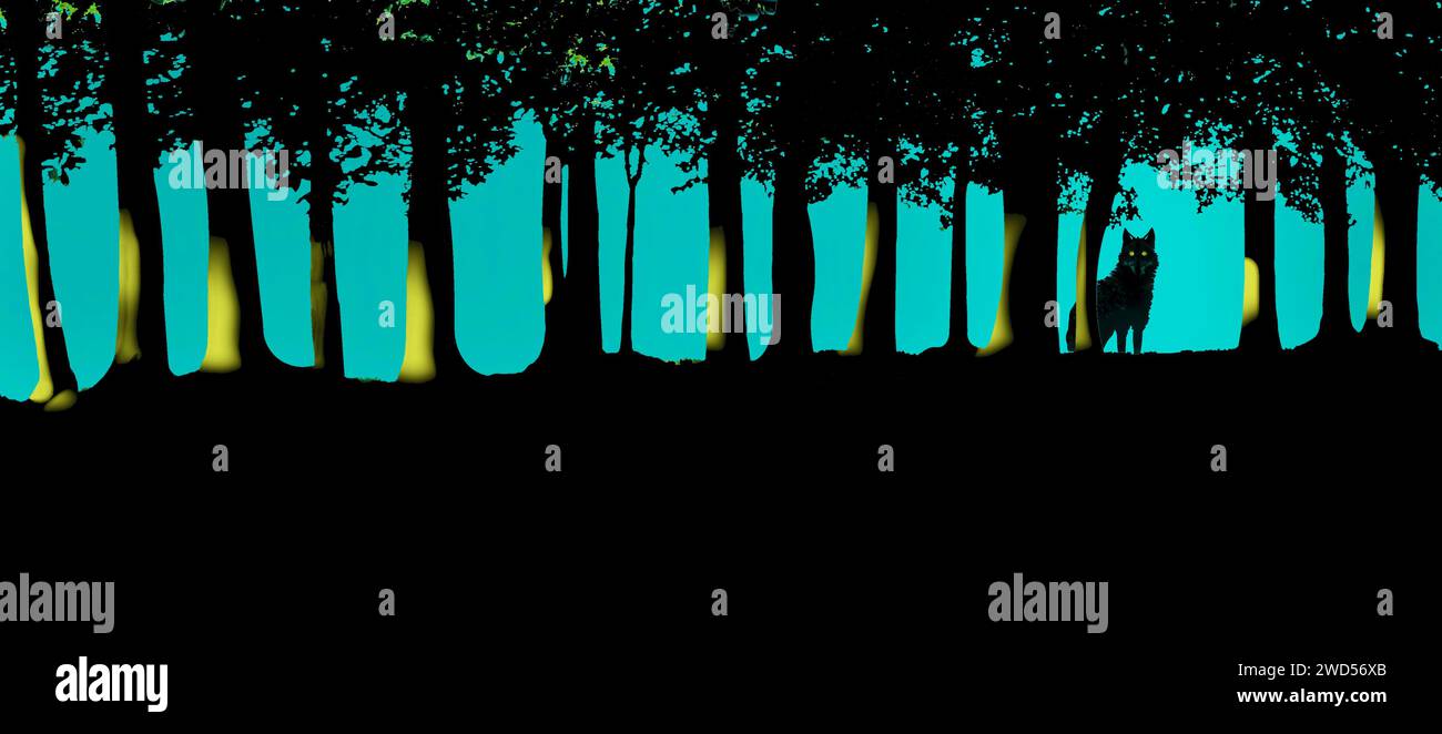 Ein einsamer Wolf wird in einem Wald in einer 3D-Illustration gesehen, in der es darum geht, allein zu sein und bei einem Problem allein zu stehen. Stockfoto