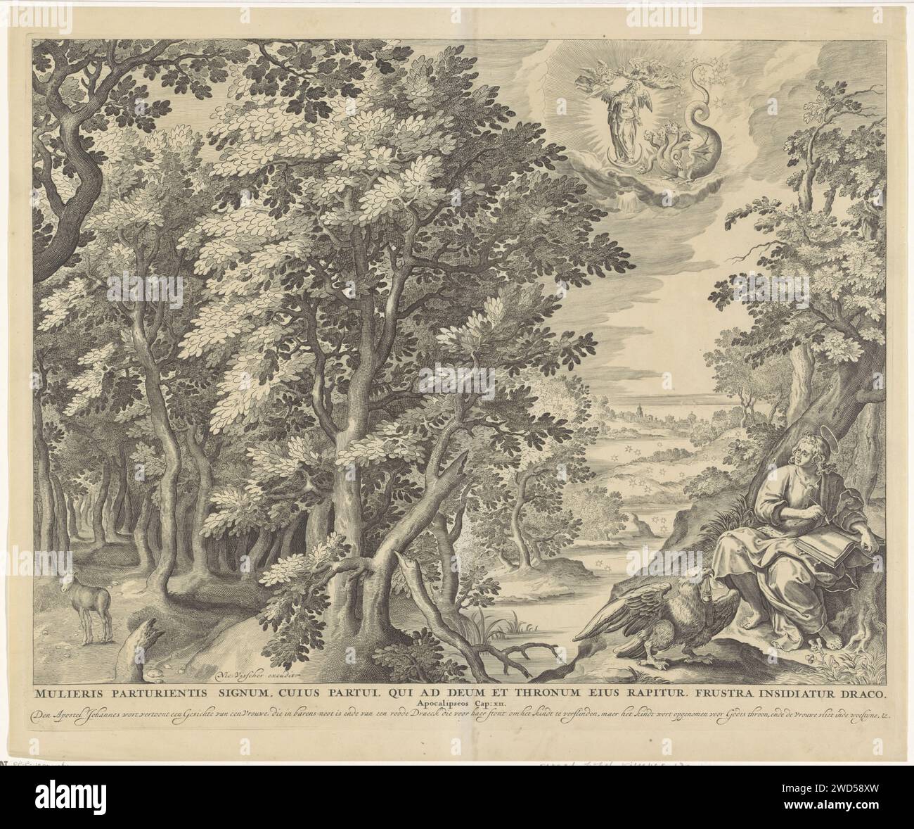 Johannes auf der Insel Patmos, Anonym, nach Johann Sadeler (I), nach Maerten de Vos, 1652–1702 Druck Johannes de Evangelist schreibt seine Offenbarungen in einem Buch über Patmos, der Adler sitzt neben ihm und hält den Tintentopf im Mund. Am Himmel eine der Visionen von Johannes: Die schwangere Frau, die auf der Mondsichel steht, wird von einem siebenköpfigen Drachen bedroht, aber das Kind, das sie Engeln zur Welt gebracht hat. Auf der linken Seite ein Wald. Unter der Show ist der Titel in lateinischer Sprache, ein Text in niederländischer Sprache und ein Verweis auf den Bibeltext in OP. 12. Amsterdamer Papierstich John (Schrift) auf der Insel Patmos, Stockfoto