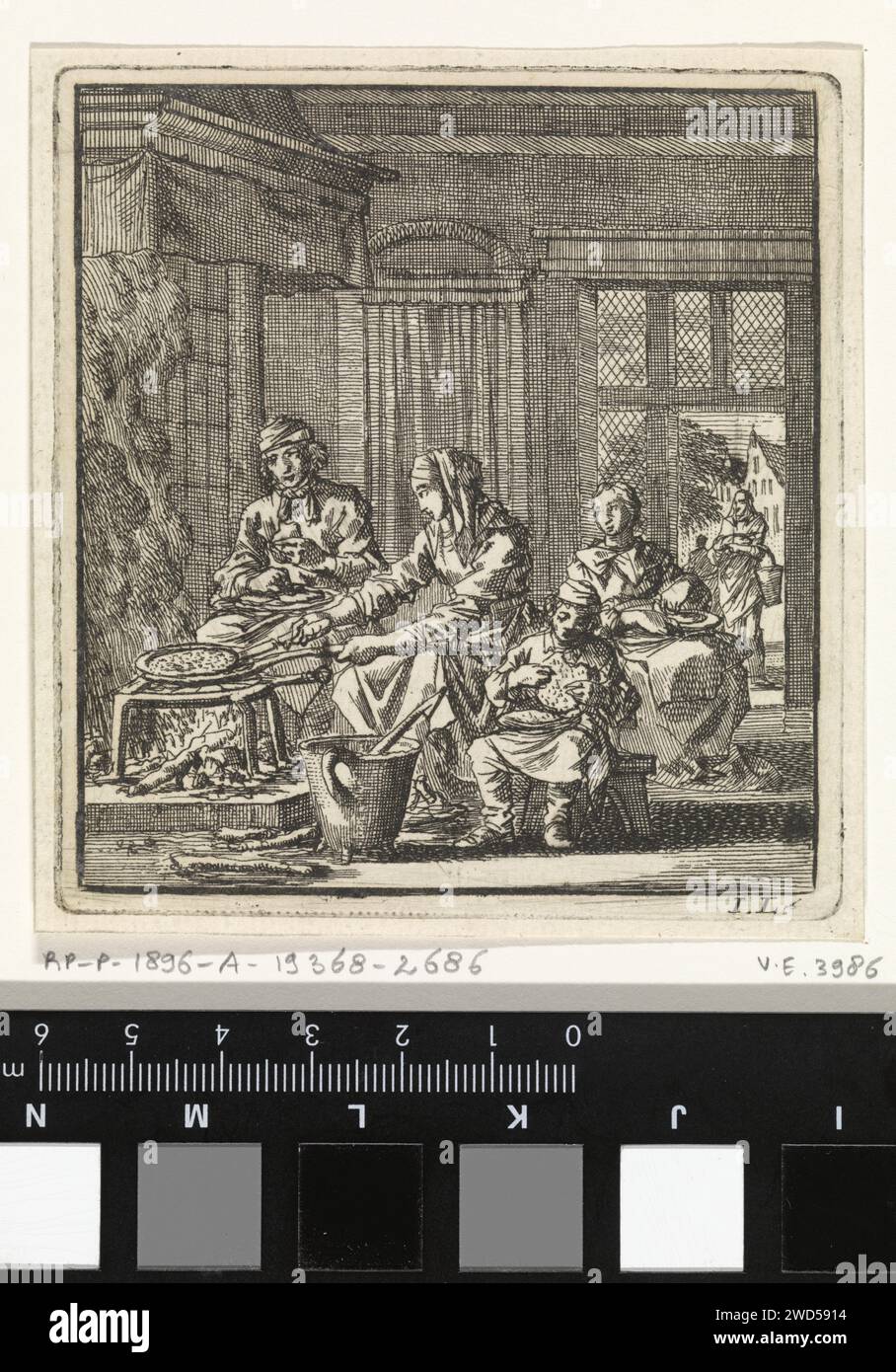 Pancake Bakster, Jan Luyken, 1711 drucken Amsterdam Papier, das Pfannkuchen ätzt. Kochen von Speisen Stockfoto