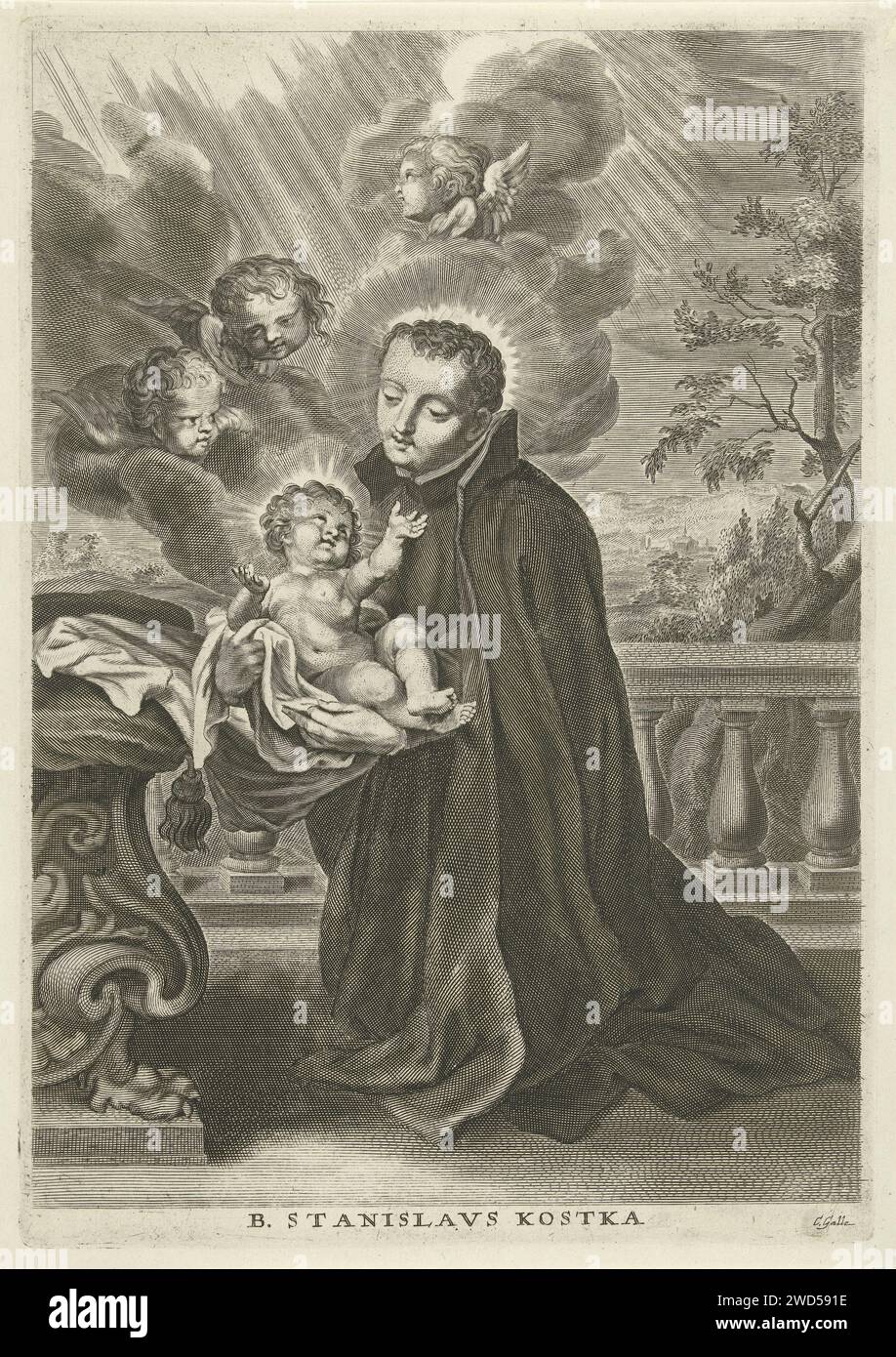 H. Stanislaus Kostka Kosts mit dem Christuskind in den Armen, Cornelis Galle (I), 1586–1650 Druck der Stanislaus Jesuit kostet das Christuskind in seinen Armen. Stanislaus kniet für einen Altar auf einem Balkon mit Blick auf eine sanfte Landschaft. Drei Cherubs in der Luft. Südliche Niederlande Papierstich Heilige Stockfoto H. Stanislaus Kostka Kosts mit dem Christuskind in den Armen, Cornelis Galle (I), 1586–1650 Druck der Stanislaus Jesuit kostet das Christuskind in seinen Armen. Stanislaus kniet für einen Altar auf einem Balkon mit Blick auf eine sanfte Landschaft. Drei Cherubs in der Luft. Südliche Niederlande Papierstich Heilige Stockfoto